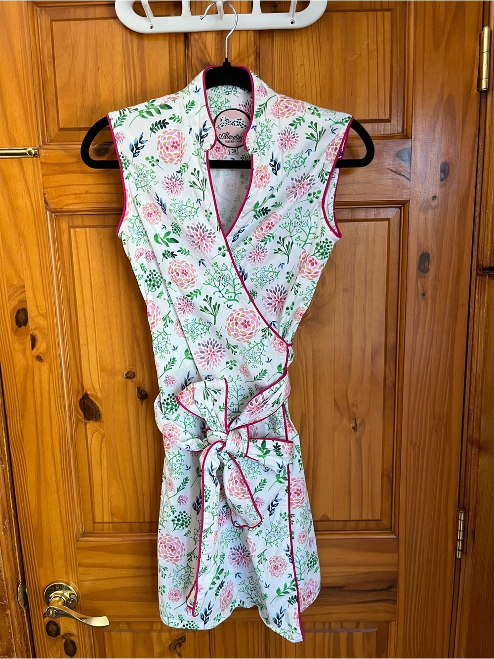 Almatrichi Floral Wrap Dress in White with Pink Trim